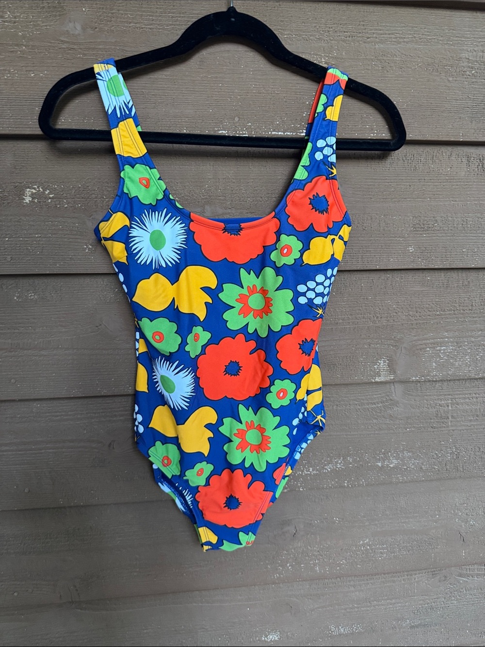 Marimekko Blue Floral One-Piece Swimsuit with Red, Yellow & Green Flowers size S